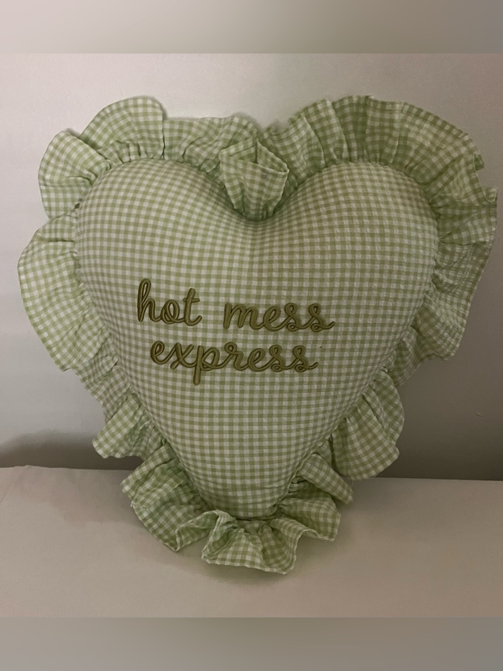 Green Gingham Heart Accent Pillow with 'hot mess express' Embroidery